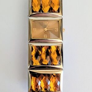 Valletta Gold Tone Bracelet Watch Large Amber Crystals Japan Quartz New Battery